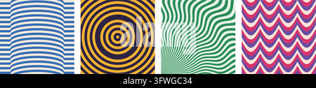 A vibrant collection of four abstract vector patterns featuring optical illusions, psychedelic waves, and geometric line art. Stock Vector