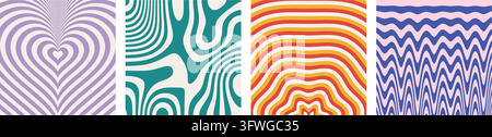 A vibrant collection of four abstract vector patterns featuring optical illusions, psychedelic waves, and geometric line art. Stock Vector