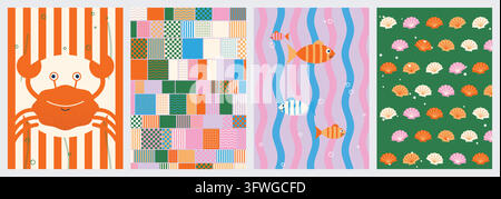 A vibrant collection of four flat vector illustrations featuring a crab, swimming fish, seashell patterns, and colorful geometric patchwork. Stock Vector