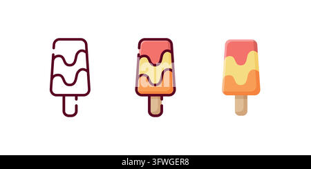 Three flavor ice pop icon vector set. Vector set of three flavor ice pop icons featuring strawberry, lemon and orange flavors. Includes line, linear c Stock Vector