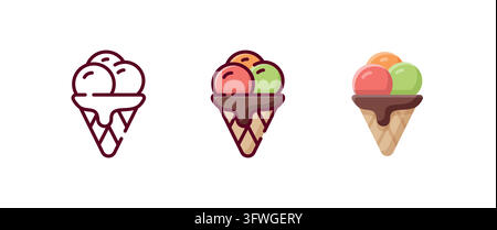 Triple scoop ice cream cone vector icon in line art, linear color and flat styles Stock Vector