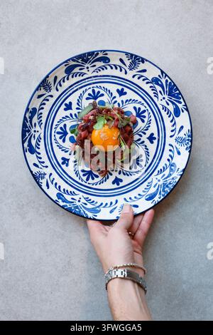 A hand holds a decorative blue and white ceramic plate featuring a raw meat preparation topped with an intact egg yolk and garnishes. Stock Photo