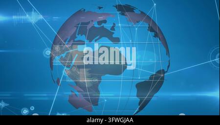 Displaying 3D globe rotating on blue tech background, showing gridlines, network nodes, HUD panels Stock Photo