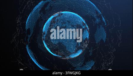Rotating stylized digital globe revealing network connections in data space, with orbital rings Stock Photo