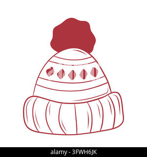 Winter knitted hat with pompom in red line art vector illustration Stock Vector