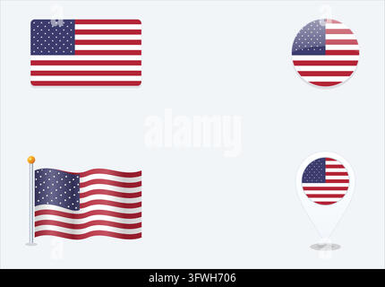 United States Flag Icon Set, USA National Banner, Map Pin Pointer, and Circle Badge Vector Collection Stock Vector