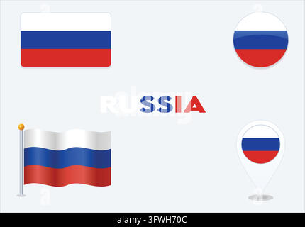 Russia Flag Icon Set, Russian Federation National Banner, Map Pin Pointer, and Circle Badge Collection Stock Vector