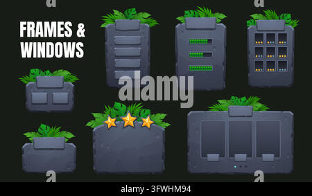 Arcade vintage game board panels with stone frames Stock Vector