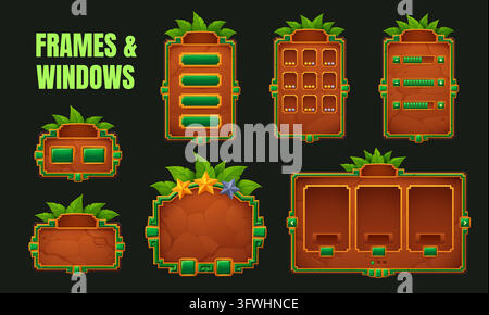 Arcade Mexican game board panels with jungle frame Stock Vector