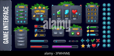 Jungle forest game UI interface buttons kit Stock Vector