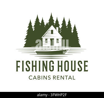 Fishing house cabin rental emblem with cottage Stock Vector