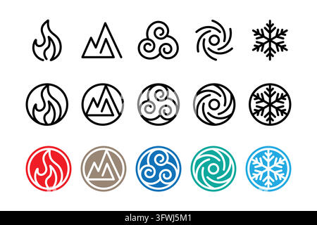Collection of stylized classical elemental symbols with different design variations on a white background Stock Vector