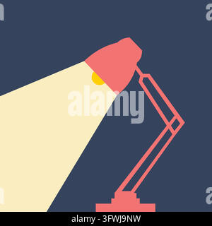 Vector illustration of an adjustable red desk lamp projecting a bright beam of light, perfect for study, office, idea, and spotlight concepts. Stock Vector