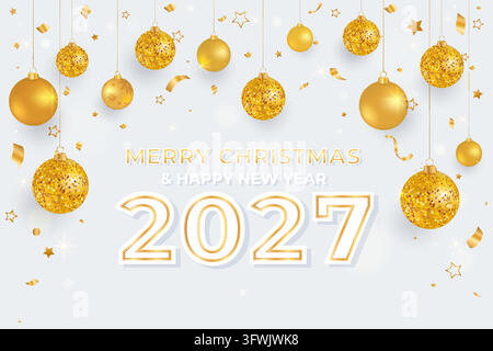 Happy New Year 2027 and Merry Christmas White Background with Golden Baubles and Snowflakes. Luxury Festive Holiday Greeting Card Template Stock Vector