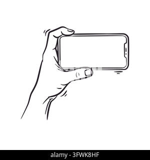 A clean line art illustration showing a hand holding a smartphone in landscape horizontal orientation. Created in a hand-drawn sketch style on a white Stock Vector