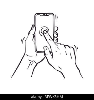 This black line art illustration shows two human hands holding a smartphone while tapping the blank screen. Designed with hand-drawn aesthetic on a wh Stock Vector