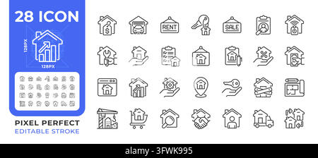 Real estate pixel perfect simple line icons set Stock Vector