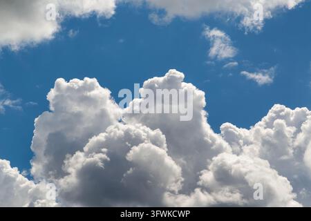 Dramatic cumulus clouds rise against a vivid blue sky, showing sunlit puffy white formations and soft shadows that evoke calm. Stock Photo