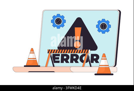 Laptop computer error warning with construction barrier 2D cartoon clip art Stock Vector