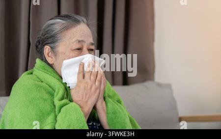 Middle-aged 60s sick frozen woman seated on sofa in living room covered with warm plaid sneezing holding paper napkin blow out runny nose feels unheal Stock Photo