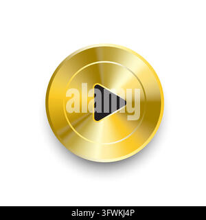 Golden metallic circular media play button with black triangle arrow vector Stock Vector