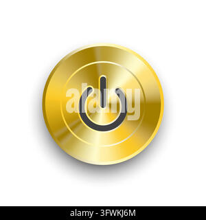 Golden metallic circular power button with glowing icon on white vector Stock Vector