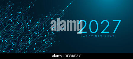 Christmas poster template 2027 in the style of new digits electronic technology circuit board texture. Tech digital banner or header 2027 New year Stock Vector