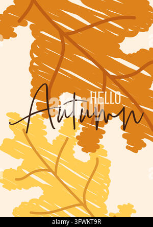 Hello Autumn poster with hand drawn yellow foliage for minimalist seasonal card and story design Stock Vector
