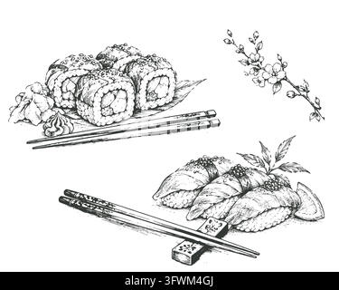 Sushi rolls with sticks with caviar, wasabi, ginger, and cherry blossoms, linear vector illustration. For menus of Japanese restaurants and sushi bars Stock Vector