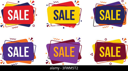 Sale colorful banner set with abstract geometric frames for various retail marketing promotions. Stock Vector