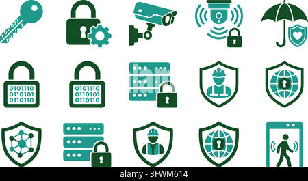 Cyber security icons collection featuring key padlock camera server and shield graphics in green. Stock Vector
