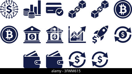 Fintech and cryptocurrency icon collection for digital banking blockchain and finance business. Stock Vector