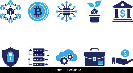 Fintech and cryptocurrency icons collection featuring blockchain bitcoin cloud and banking symbols. Stock Vector