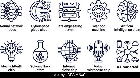 Neural network and technology icon set features dark blue linear designs for artificial systems. Stock Vector