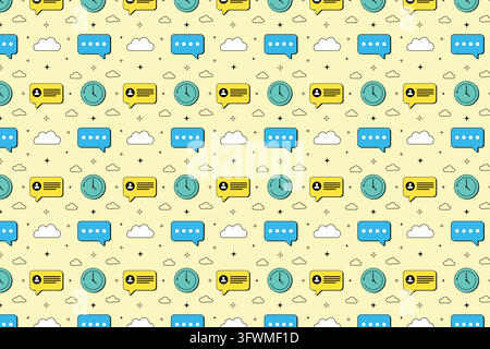 Seamless pattern featuring flat design icons of chat bubbles, video play icons, clocks, and clouds, representing digital communication and time manage Stock Vector