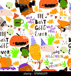 Seamless Pattern With Funny Animals, Pumpkins and Halloween Elements Stock Vector