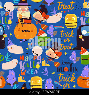 Seamless Pattern With Funny Monsters, Pumpkins and Halloween Elements Stock Vector