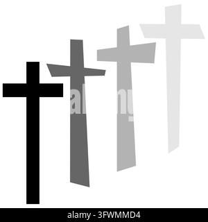 Four Latin crosses in perspective row fading from black to grey vector. eps 10. Stock Vector
