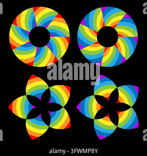 Rainbow spectrum torus rings and five petal flowers on black vector. eps 10. Stock Vector