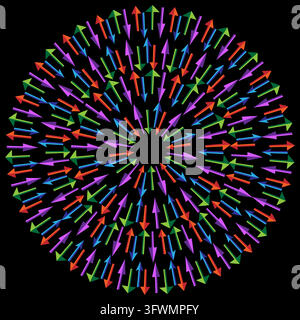 Circular sphere burst with colorful small arrows on black vector. eps 10. Stock Vector