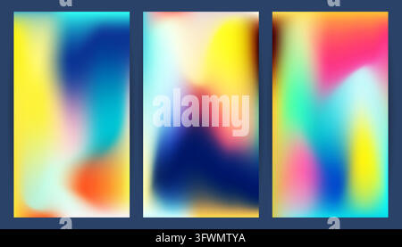 Three vertical abstract backgrounds with softly blended yellow, turquoise, pink, orange and blue gradients. Diffused organic color forms suit posters Stock Vector