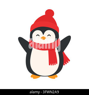 Cute Christmas cartoon penguin in a red winter hat and scarf isolated on white background Stock Vector