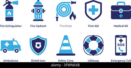 Emergency safety icon set with blue and dark blue illustrations on white backdrop. Stock Vector