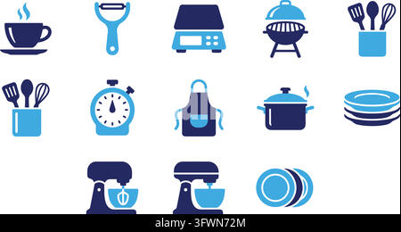 Kitchenware and cooking equipment icons blue set for culinary arts and meal prep. Stock Vector