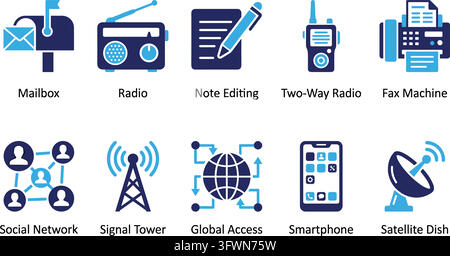 Communication technology devices and networking symbols in blue flat vector style. Stock Vector