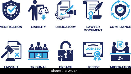 Set of blue and dark gray legal and law related icons with descriptive labels. Stock Vector