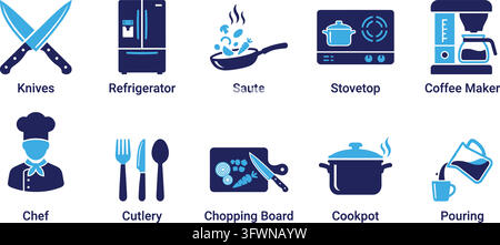 Kitchen utensils and culinary preparation icons featuring professional chef theme. Stock Vector