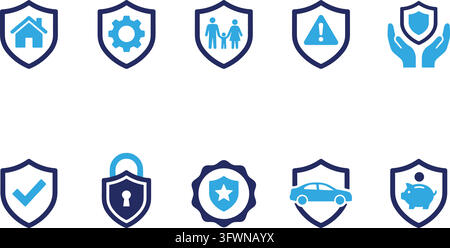 Safety shield icon collection blue and navy vector set for insurance and protection. Stock Vector
