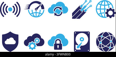 Networking cloud technology set blue and navy for digital infrastructure and speed. Stock Vector