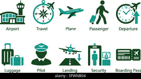 A collection of teal and green travel and airport related vector icons for web design. Stock Vector